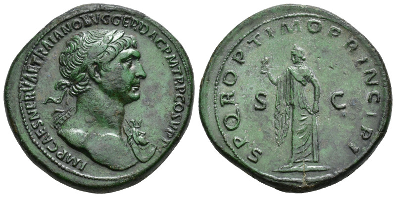 IMPERIO ROMANO. TRAJANO. Sestercio. Roma (103-111). A/ Busto laureado y con égid...
