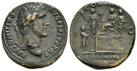 IMPERIO ROMANO. ANTONINO PÍO. Sestercio. Roma (145-161). A/ Cabeza laureada a der.; ANTONINVS AVG PIVS P P TR P. R/ El emperador sentado en un estrado...