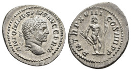 IMPERIO ROMANO. CARACALLA. Denario. Roma (215). A/ Cabeza laureada a der.; ANTONINVS PIVS AVG GERM. R/ Júpiter a der. con cetro y haz de rayos; P M TR...