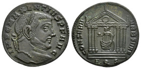 IMPERIO ROMANO. MAJENCIO. Follis. Aquileia (307). A/ Cabeza laureada a der.; IMP C MAXENTIVS P F AVG. R/ Roma dentro de templo hexástilo; CONSERV VRB ...