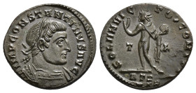 IMPERIO ROMANO. CONSTANTINO I. Follis. Treveris (310-313). A/ Busto laureado y acorazado a der.; IMP CONSTANTINVS AVG. R/ Sol a izq.; SOLI INVICTO COM...