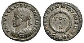 IMPERIO ROMANO. CRISPO. Follis. Tesalónica (326). A/ Busto laureado, drapeado y acorazado; FL IVL CRISPVS NOB CAES. R/ Láurea rodeando VOT/X; CAESARVM...