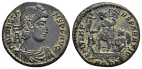 IMPERIO ROMANO. CONSTANTE. Follis. Aquileia (348-350). A/ Busto diademado y drapeado a der.; D N CONSTANS P F AVG. R/ El emperador con victoria y lába...