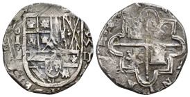 FELIPE II. 2 reales. 1595. Segovia. I con roel encima del ensayador. AR 6,61 g. 26,67 mm. AC-395. MBC/BC+. Muy escasa.