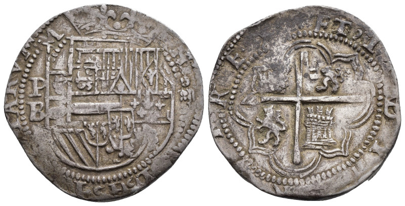 FELIPE II. 4 reales. S/F. Potosí. PB-IIII. AR 13,48 g. 33,58 mm. AC-525? Doble a...