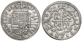 FELIPE II. 8 reales. 1587. Segovia. Acueducto de 11 arcos en dos pisos. Glóbulos encima y debajo de la marca de ceca y el valor y en fecha .15.87. AR ...