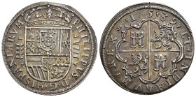 FELIPE II. 8 reales. 1589. Segovia. Acueducto de 6 arcos en 2 pisos. Puntos en la ley. del anv. y adornos en la fecha. AR 27,4 g. 40,12 mm. AC-710 var...
