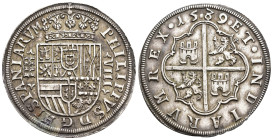 FELIPE II. 8 reales. 1589. Segovia. Acueducto de 6 arcos en 2 pisos. Variaente de corona. Puntos en fecha. AR 27,3 g. 42,44 mm. AC-710 var. EBC-. Ex s...