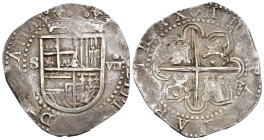FELIPE II. 8 reales. S/F. Sevilla. F en rev. AR 27,3 g. 38,45 mm. AC-723. Rara. Ex subasta Jesús Vico 125 (3-III-2011), lote 670.