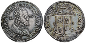 FELIPE II. Escudo de plata. 1579. Milán. AR 31,98 g. 42,03 mm. Crippa-11A; Olivares-23. EBC-. Ex subasta Áureo & Calicó 289.1(16-III-2017), lote 108...
