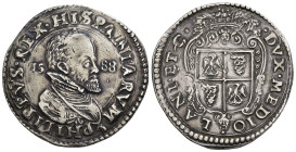 FELIPE II. Escudo de plata (ducatón). 1588. Milán. AR 31,93 g. 42,05 mm. Crippa-13/D-1. MBC+.