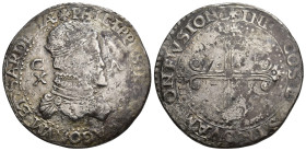 FELIPE II. 10 reales. S/F. Cagliari. AR 27,42 g. 40,97 mm. Olivares-157. Oxidaciones limpiadas. BC+.