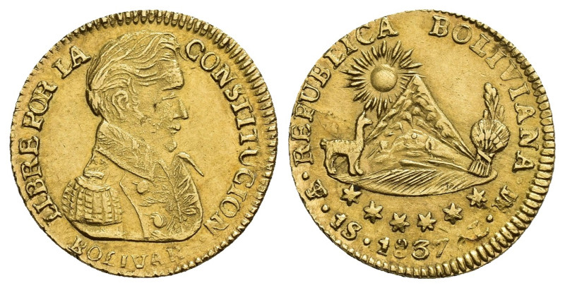MONEDA EXTRANJERA. BOLIVIA. Escudo. 1837. Potosí. LM. AU 3,39 g. 18,17 mm. KM-98...