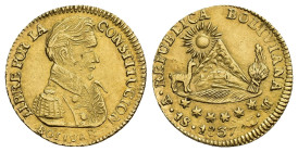 MONEDA EXTRANJERA. BOLIVIA. Escudo. 1837. Potosí. LM. AU 3,39 g. 18,17 mm. KM-98. Hojitas. R.B.O. EBC/EBC-.