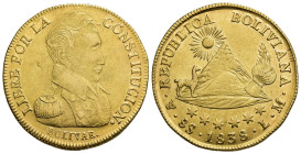 MONEDA EXTRANJERA. BOLIVIA. 8 escudos. 1838. Potosí. LM. AU 27 g. 36,25 mm. KM-99. Hojita. R.B.O. MBC+/EBC-.