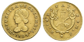 MONEDA EXTRANJERA. COLOMBIA. Escudo. 1824. Popayán. FM. AU 3,96 g. 19,8 mm. KM-81.2. Hojitas. MBC.