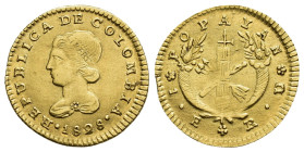 MONEDA EXTRANJERA. COLOMBIA. Escudo. 1828. Popayán. RU/RM. AU 3,04 g. 19,6 mm. KM-81.2. Hojitas. MBC/MBC+.