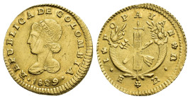 MONEDA EXTRANJERA. COLOMBIA. Escudo. 1829. Popayán. RU. AU 3,14 g. 19,75 mm. KM-81.2. Hojita y rayas de ajuste. MBC.