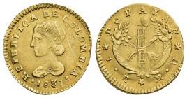 MONEDA EXTRANJERA. COLOMBIA. Escudo. 1831/21. Popayán. RU. AU 3,17 g. 19 mm. KM-81.2. Rayas de ajuste. MBC+.