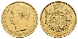 MONEDA EXTRANJERA. DINAMARCA. Federico VIII. 20 Kroner. 1910. AU 8,95 g. 23,1 mm. KM-810. Estuvo engarzada. EBC-.