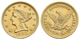 MONEDA EXTRANJERA. ESTADOS UNIDOS DE AMÉRICA. 2 1/2 dólares. 1902. AU 4,17 g. 17,95 mm. KM-72. EBC+.