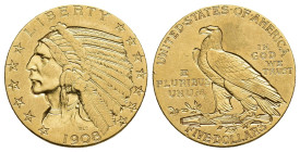 MONEDA EXTRANJERA. ESTADOS UNIDOS DE AMÉRICA. 5 dólares. 1908. AU 8,35 g. 21,5 mm. KM-129. Pequeñas marcas. MBC+.
