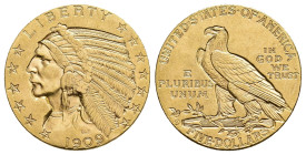 MONEDA EXTRANJERA. ESTADOS UNIDOS DE AMÉRICA. 5 dólares. 1909. D. AU 8,37 g. 21,5 mm. KM-129. EBC.