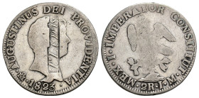 MONEDA EXTRANJERA. MÉXICO. 2 reales. 1823. México. JM. Resello T. LEWIS dentro de rectángulo. AR 6,42 g. 27,65 mm. MBC-.