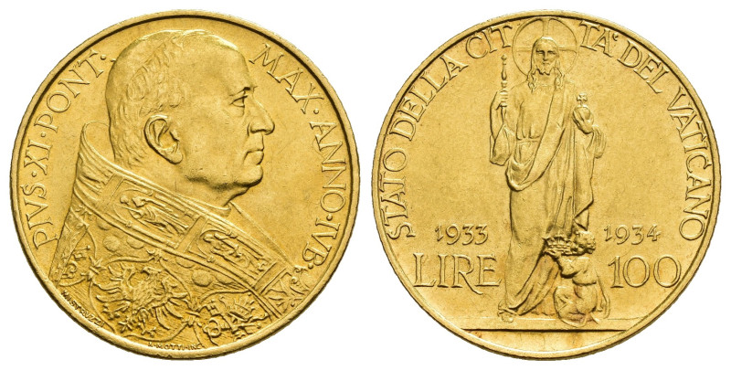 MONEDA EXTRANJERA. VATICANO. Pío XI. 100 liras. 1933-1934. Anno IV B. AU 8,83 g....