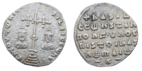 Byzantine Empire. Basil II Bulgaroktonos, with Constantine VIII. 976-1025. AR Miliaresion (21mm, 2.47g). Constantinople mint. ЄҺ TOVTω ҺICAT ЬASILЄI C...