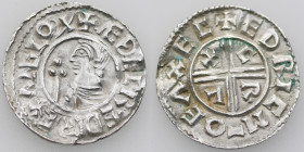 England. Aethelred II. 978-1016. AR Penny (20mm, 1.63g, 9h). Crux type (BMC iiia, Hild. C). Exeter mint; Edric moneyer. Struck circa 991-997. +ÆÐELRED...