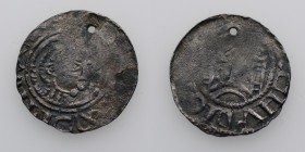 Germany. Halberstadt. Burkhard I. of Vohburg 1036-1059. AR Denar (20mm, 1.39g). Halberstadt mint. Tonsured head right with cross-staff / Church with t...