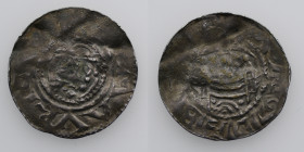 Germany. Helmstadt. 11th century. AR Denar (22mm, 1.23g). Helmstadt mint. Crowned head right / Church with three towers on top of two arches. Dbg. 705...