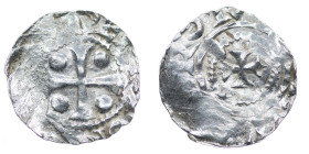 Germany. Saxony. Otto III 983-1002. AR Denar (17mm, 1.04g). Dortmund mint. [ODDOIM]PE[RATOR], cross with pellet in each quarter / [THE]ROT[MANNI], cro...