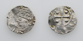Germany. Saxony. Heinrich II 1002-1024. AR Denar (16mm, 1.26g). Dortmund mint. HEINRICHVS REX, crowned head left / TERTMONIA, cross with pellets in ea...