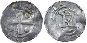 Germany. Mainz. Otto III 983-1002. AR Denar (16mm, 1.01g). Mainz mint. Cross with pellets in each angle / Church facade. Dbg. 778. Near Very Fine, usu...