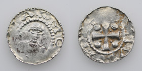 Germany. Mainz. Heinrich II 1002-1024. AR Denar (18mm, 1.70g). +MO[GNC]IA, bust facing / [__]HV[__], cross with pellets in each angle. Dbg. 802 var; K...