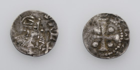 Germany. Saxony. Worms. Heinrich III 1039-1056. AR Denar (15mm, 0.49g). Crowned head facing holding globus cruciger right, crosier left / Cross with p...