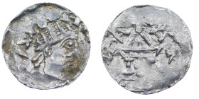 Germany. Swabia. Heinrich II 1002-1024. AR Denar (19mm, 1.51g). Strasbourg mint. +HEN[___]VS, crowned head right / AR[GENTI]NA, church with cross in t...