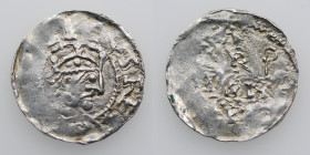 Germany. Swabia. Heinrich II 1002-1024. AR Denar (20mm, 1.27g). Strasbourg mint. [HEINRICV]SREX, crowned head right / ARGE[N]-[T]IGN[A], cross written...
