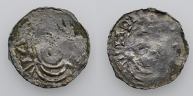 Germany. Swabia. Konrad II 1024-1029. AR Denar (20mm, 1.15g). Strasbourg mint. Crowned head right / Bust facing. Dbg. 707 (as Hildesheim); Baron 32. F...