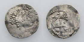 The Netherlands. Tiel. Konrad II 1024-1039. AR Denar (19mm, 1.43g). Crowned head facing / Cross with a pellet in each angle. Ilisch 3.3 var; Dbg. 578 ...