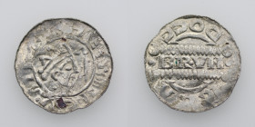 The Netherlands. Friesland. Bruno III 1050-1057. AR Denar (17mm, 0.64g). Dokkum or Groningen mint. [HENRICVSRE+], crowned head right, crosier before /...