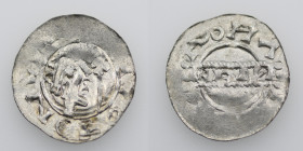 The Netherlands. Friesland. Bruno III 1038-1057 (?). AR Denar (18mm, 0.82g). Uncertain mint. Unintelligible legend, crowned head right, cross-tipped s...