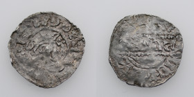 The Netherlands. Friesland. Ekbert II 1068-1077. AR Denar (16mm, 0.64g). Uncertain mint. [+ECBERTVS], crowned bearded bust facing / Two adjacent busts...