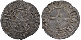 Germany. Rostock. About 1379. AR Witten (18mm 1.15g). Griffen / Cross patée with cross (?) in circle at center. Grimm 764; Jesse 307. Very Fine.