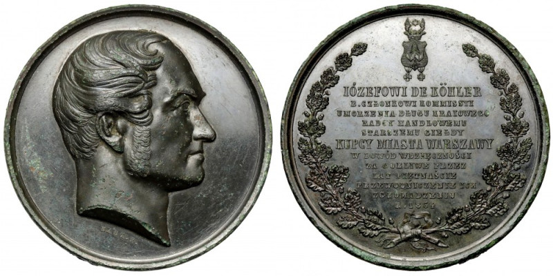 Medal, Józef de Köhler - Kupcy Miasta Warszawy 1854 Ciemna patyna częściowo z zi...