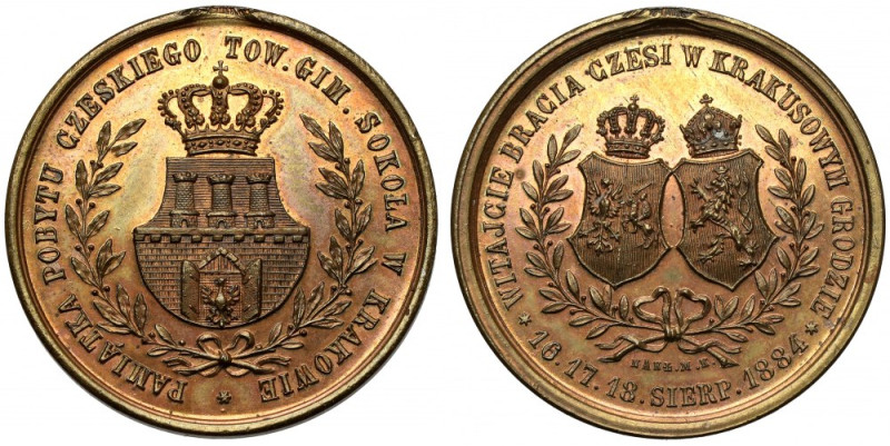 Medal, Pamiątka Pobytu Czeskiego Tow. Gim. SOKOŁA w Krakowie 1884 - brąz - PIĘKN...