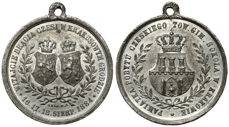 Medal, Pamiątka Pobytu Czeskiego Tow. Gim. SOKOŁA w Krakowie 1884 - cynk Wykonan...