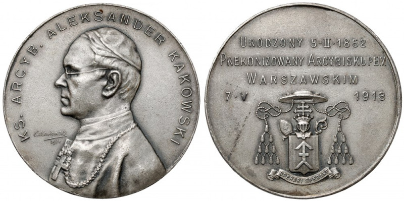 Medal, Arcybiskup Aleksander Kakowski - SREBRO 1913 Na obrzeżu punca SREBRO, obo...